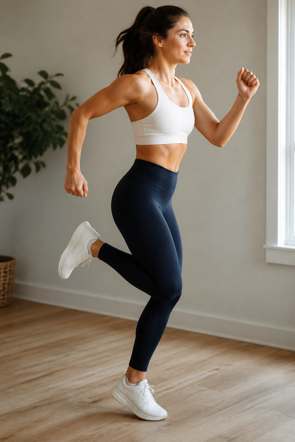 Close-up of person performing Butt Kicks indoors