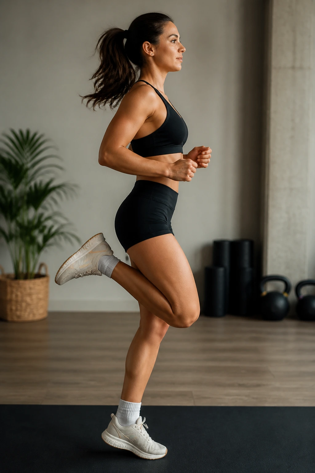 Profile view of a person doing butt kicks in a gym