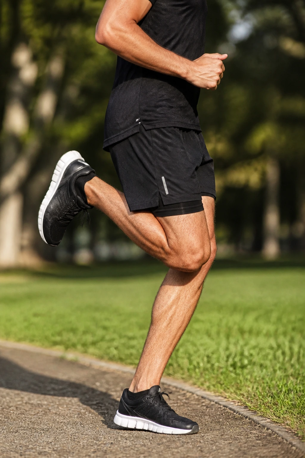 Close-up of a person performing butt kicks outdoors