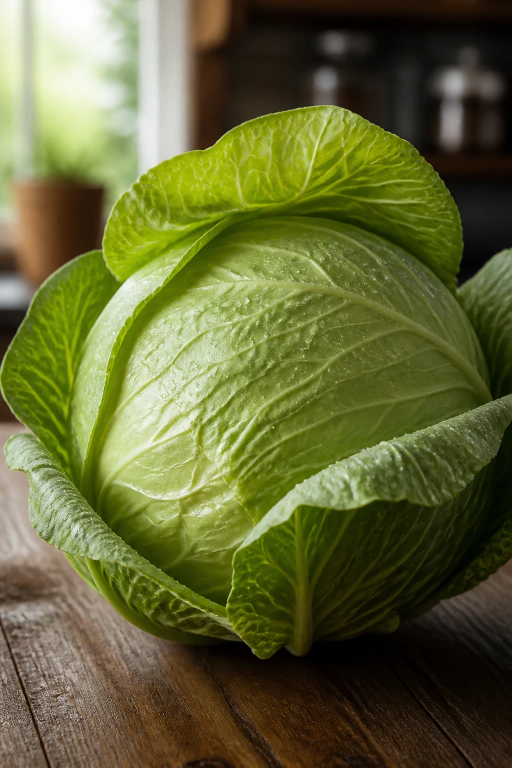 Close-up of fresh cabbage head on rustic wooden counter