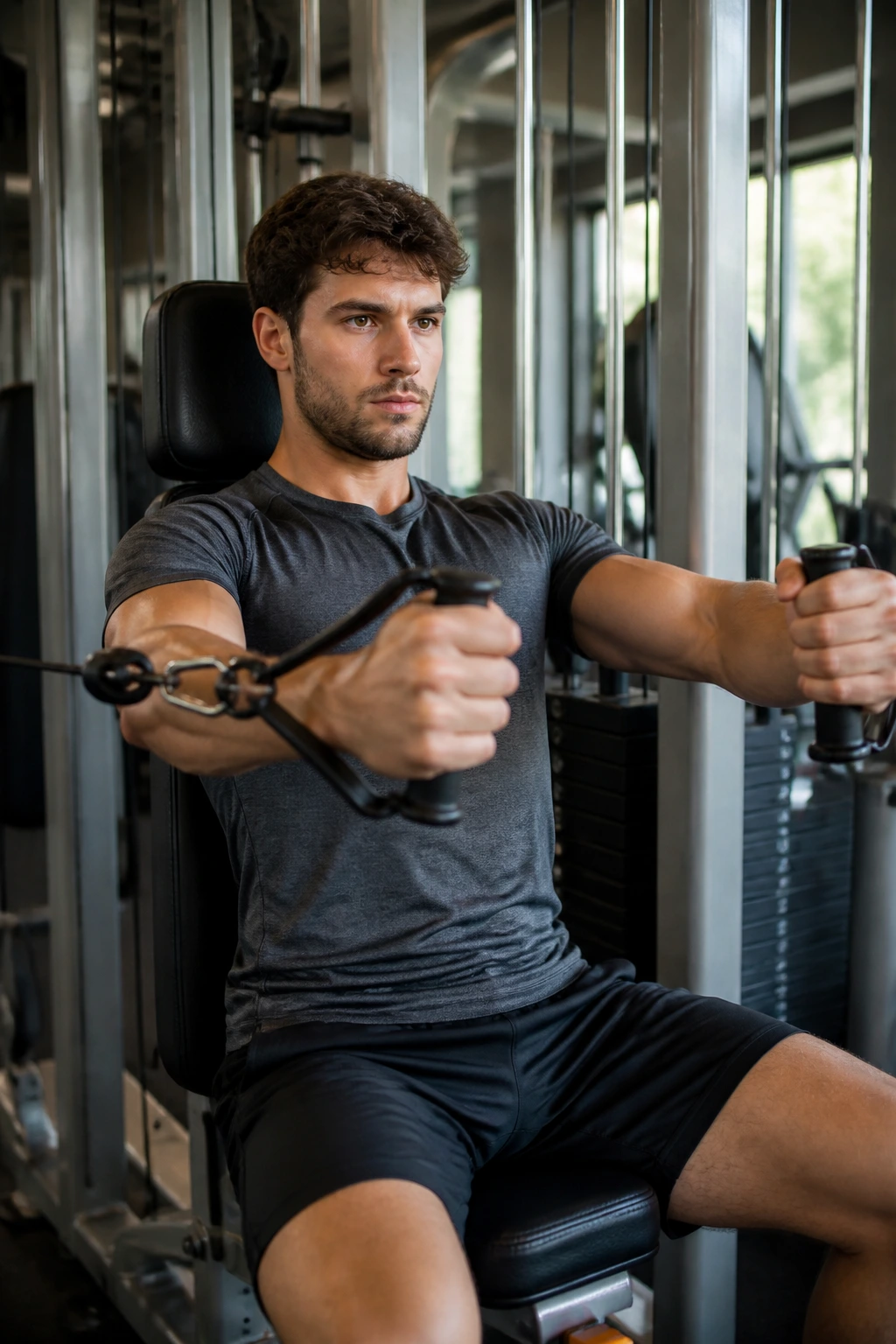 Person using cable machine chest press in gym