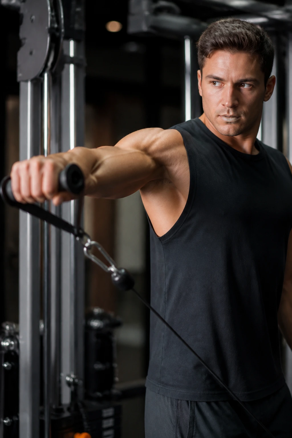 Single-arm cable lateral raise showing delt engagement in gym
