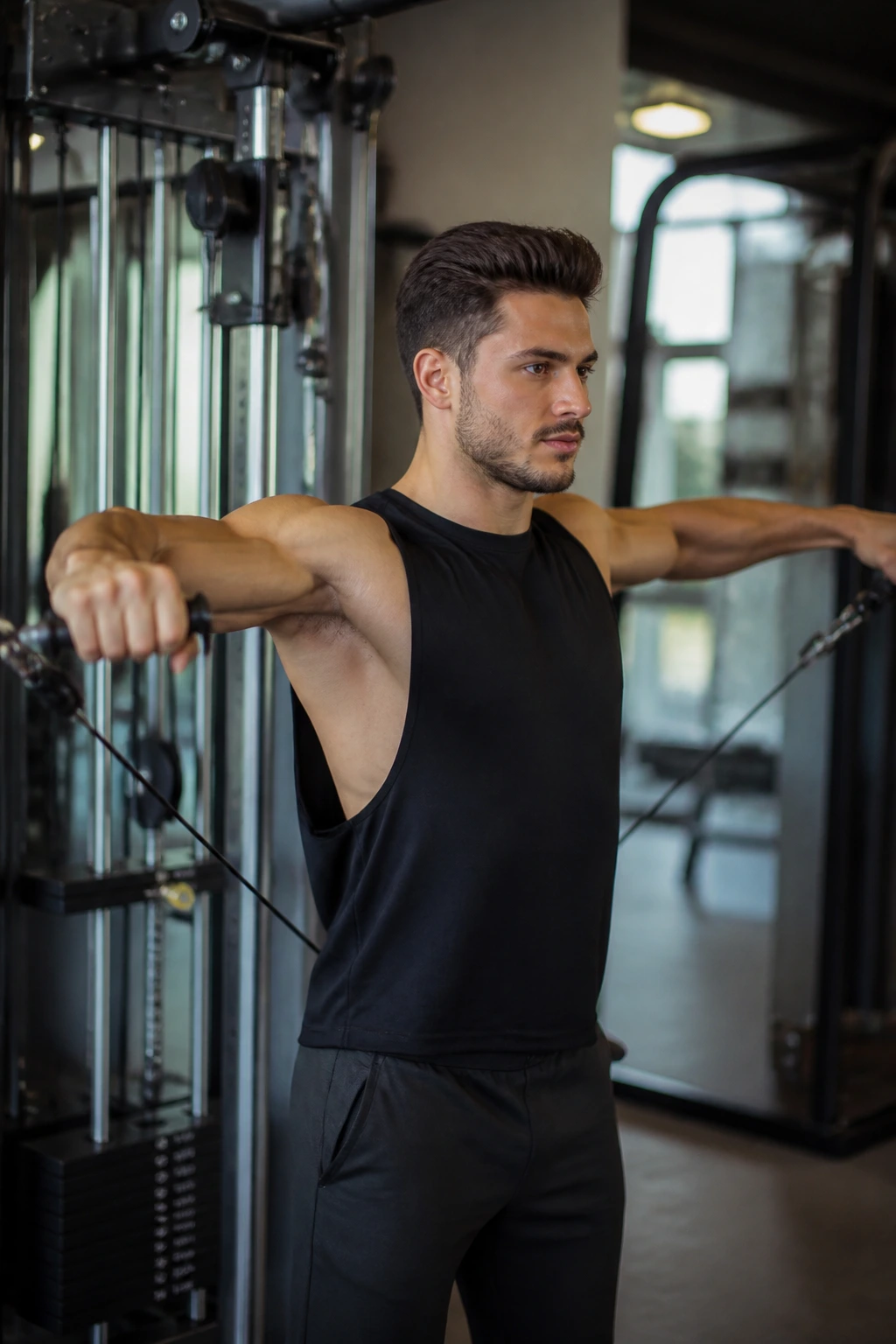 Person performing a cable lateral raise at a gym station