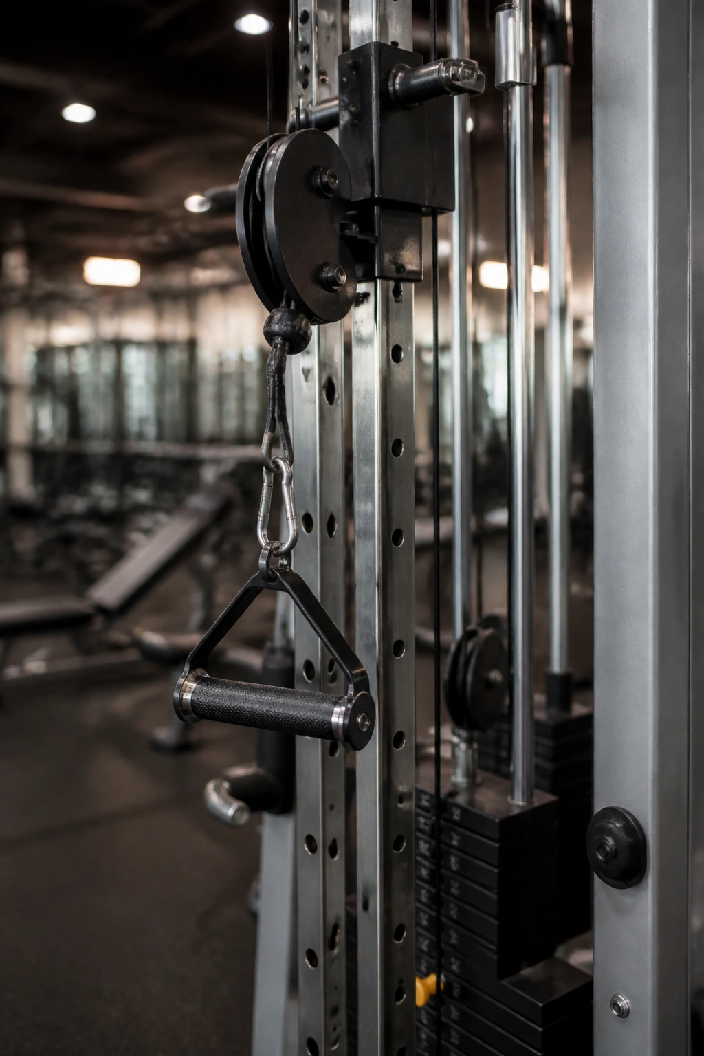Close-up of a cable machine pulley in a gym setting.