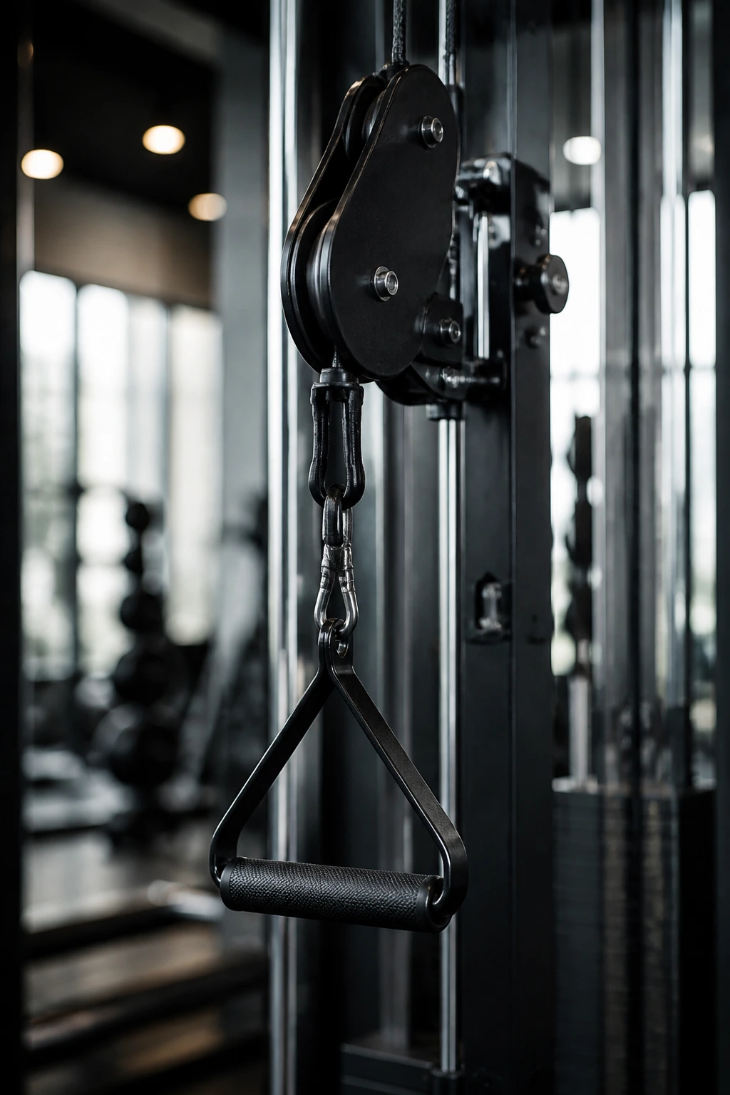 Close-up of cable handle on a cable machine in a gym