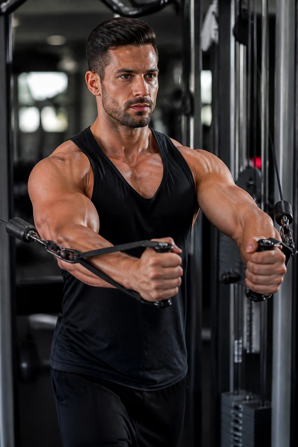 Athlete performing standing cable chest press with strong muscle tension in chest and shoulders