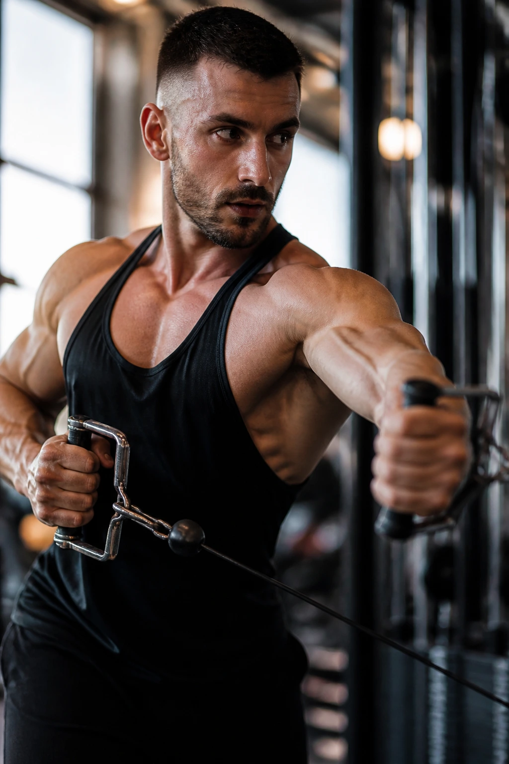 Upper body action showing single-arm row and cable fly in gym