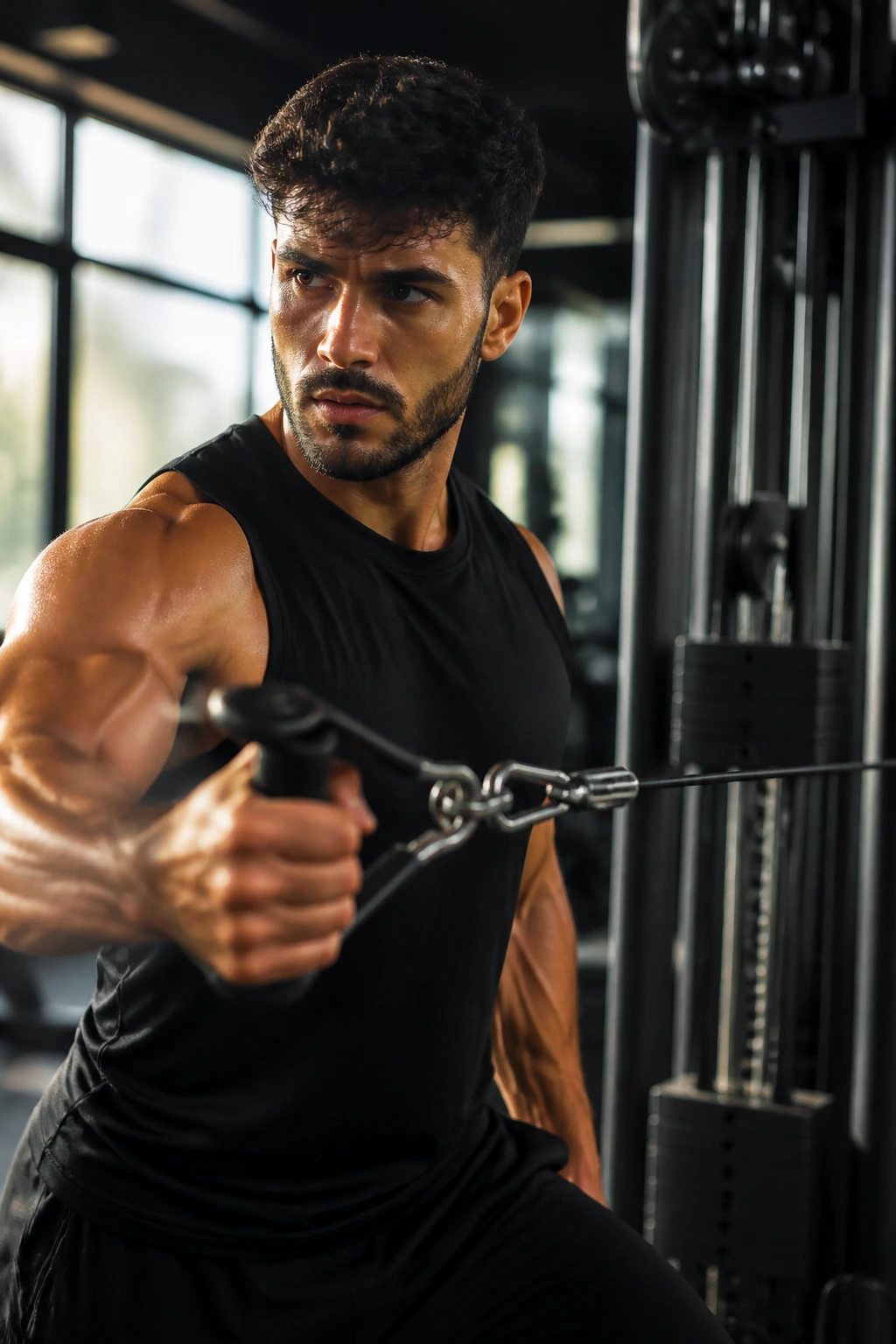 Close-up of a lifter performing a cable exercise on a cable machine in a gym