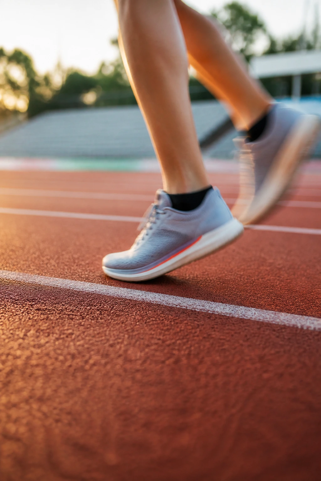 Close-up of a runner's fast cadence on a track, showing quick foot turnover.