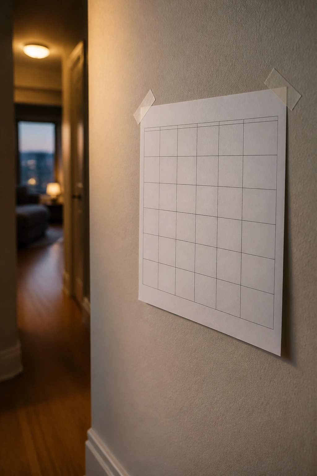Blank calendar grid on a hallway wall with evening light