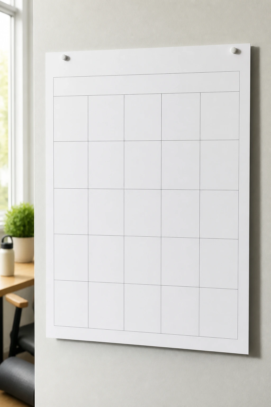 Blank calendar grid on a bright wall in a home workspace