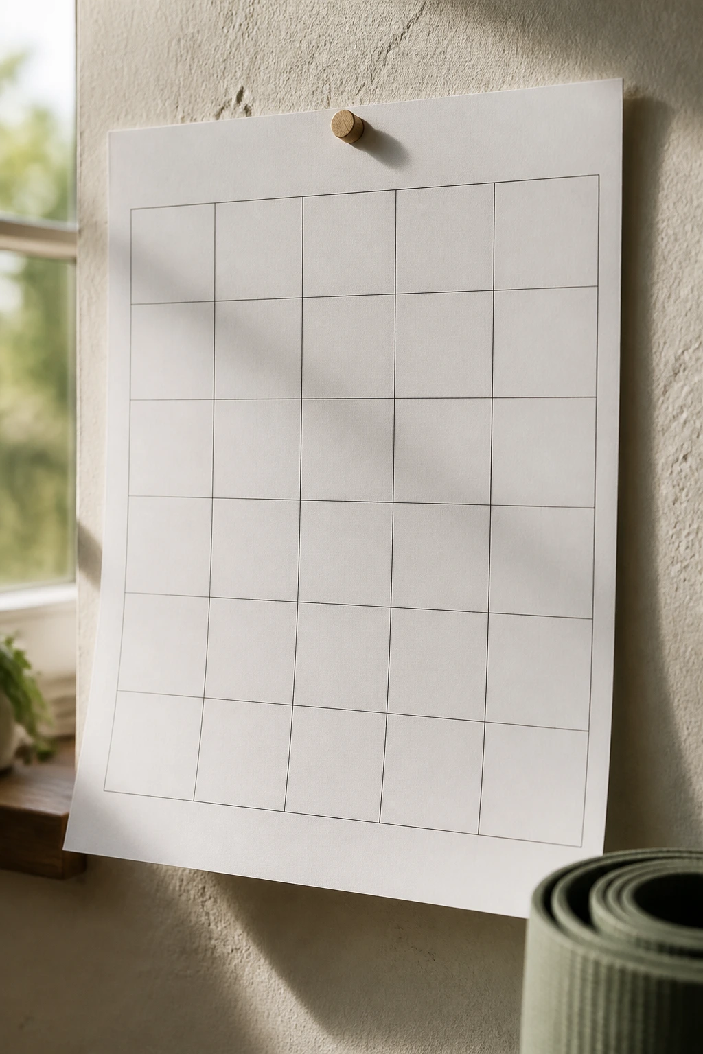 Close-up of blank calendar grid on a textured wall with natural light