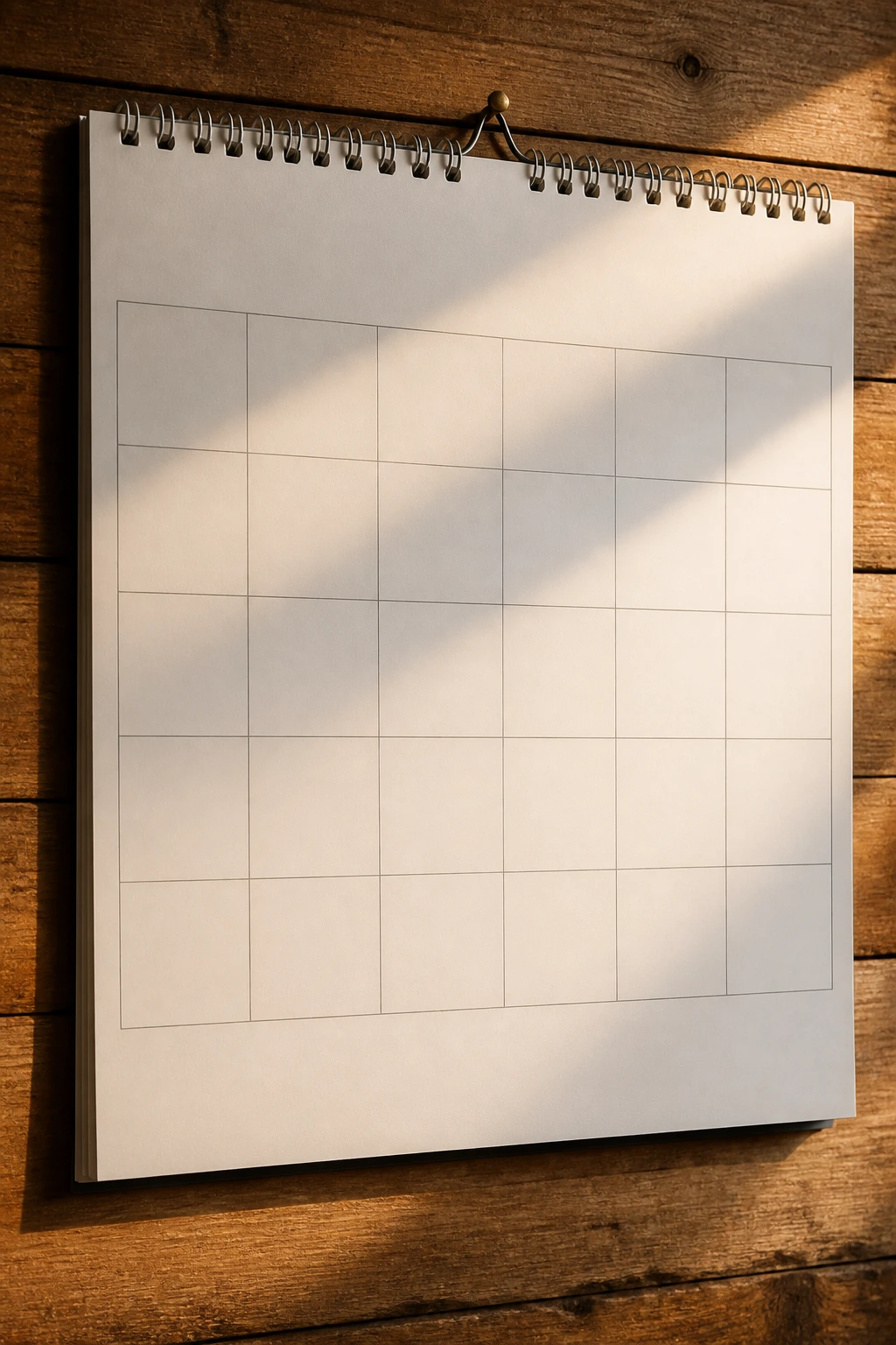 Blank calendar grid on a wooden wall with warm light