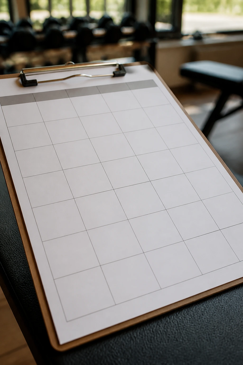 Close-up of a blank three-day full-body grid on clipboard in gym setting