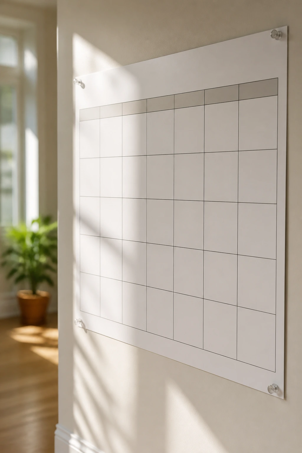 Blank calendar grid on sunny hallway wall