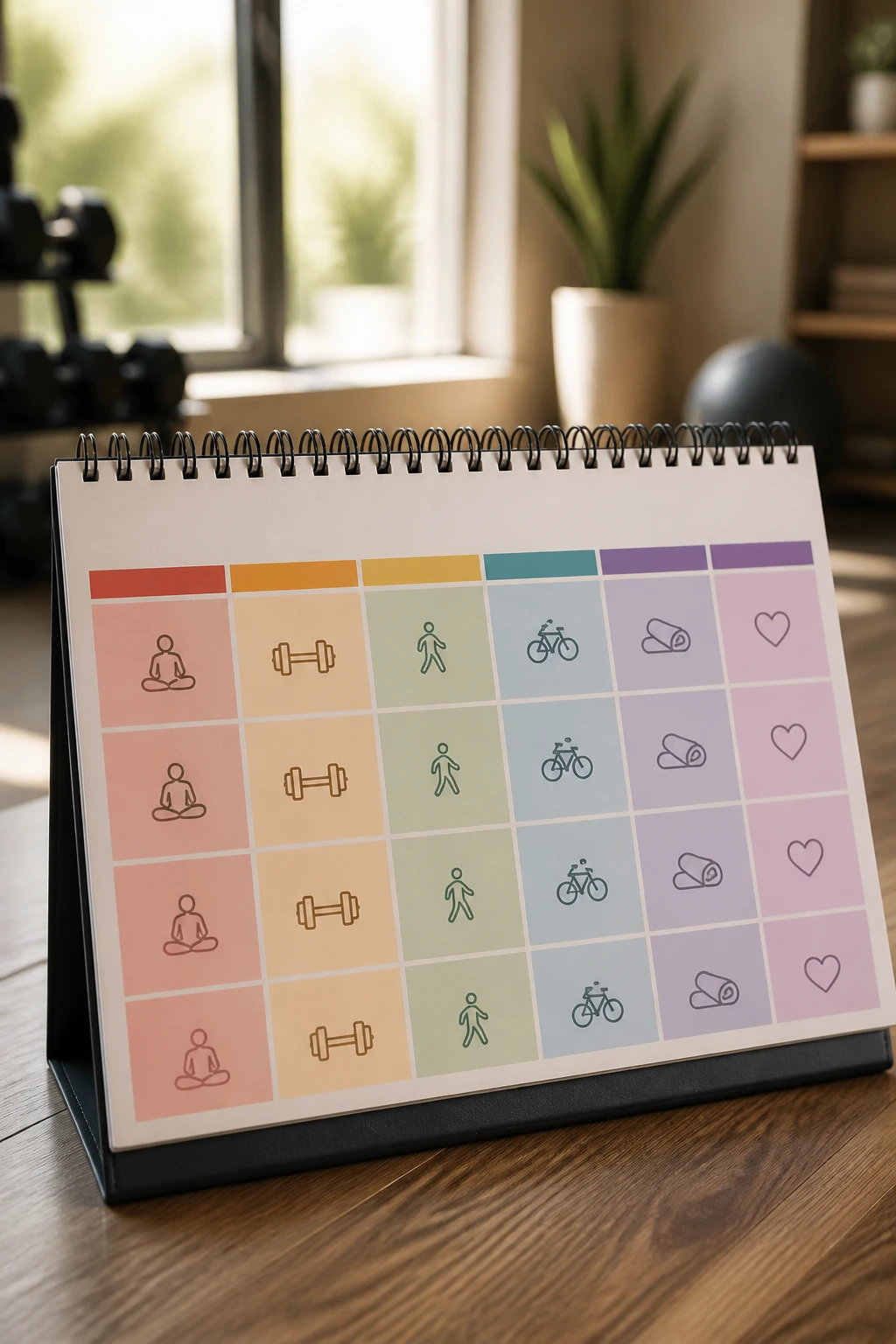 Close-up of a calendar page with color blocks representing a maintenance month plan in a home gym, without visible text or numbers.