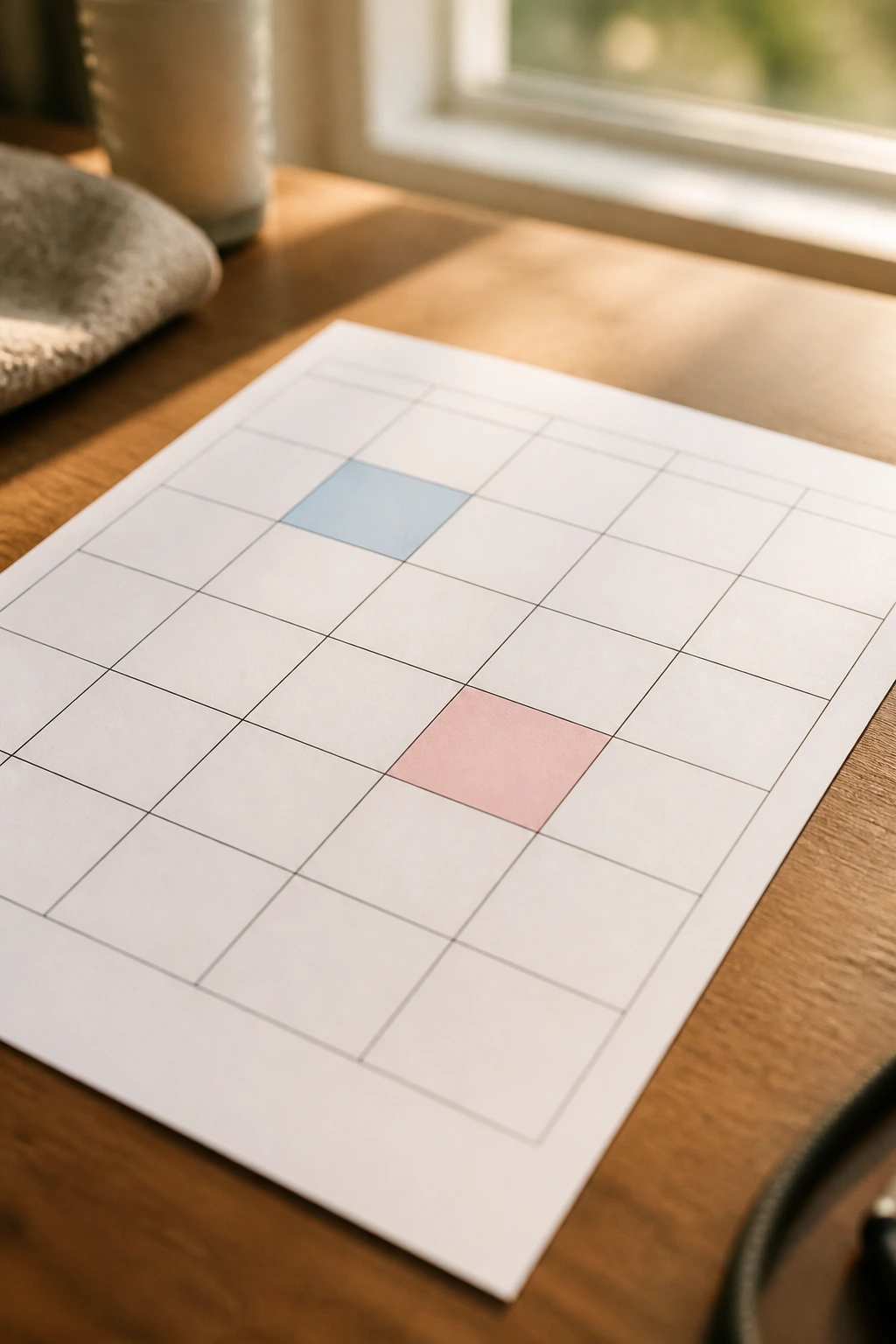 Close-up of a blank calendar grid with makeup-day indicators on a wooden desk