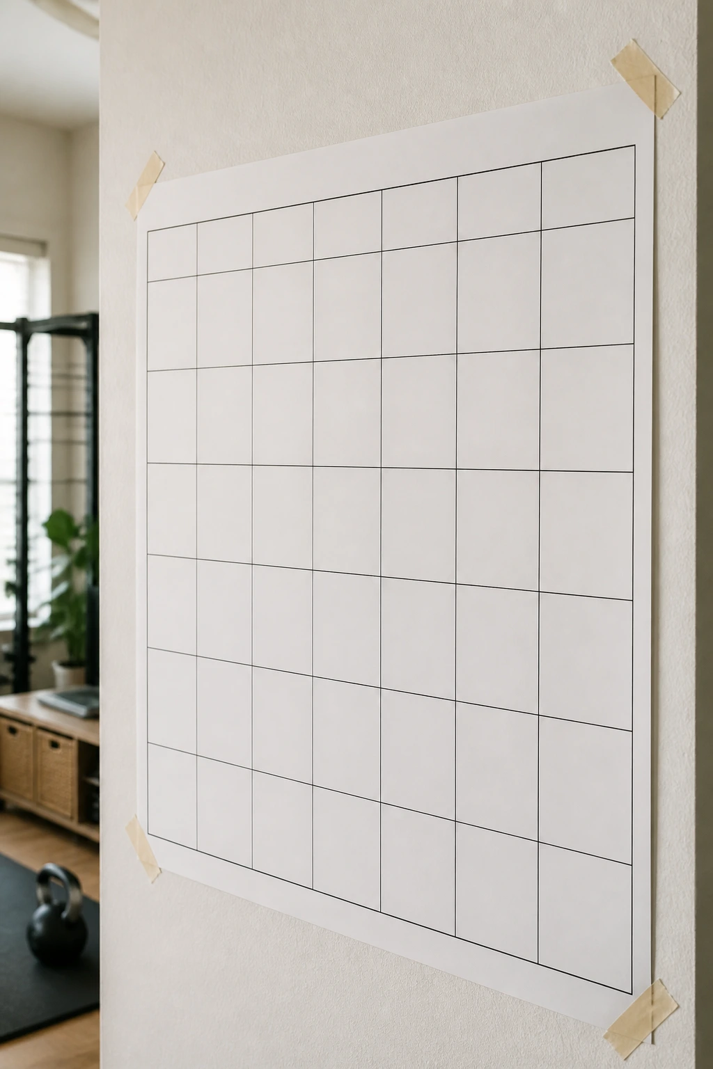 Blank calendar grid on pale wall in a small living space