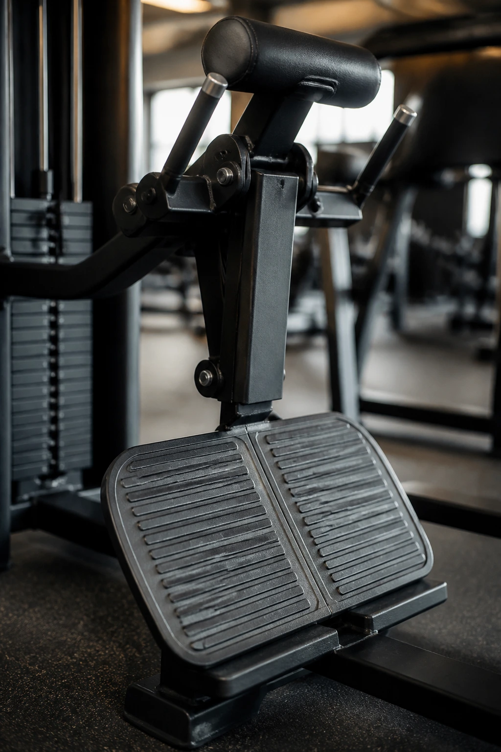 Close-up of calf raise machine footplate in gym