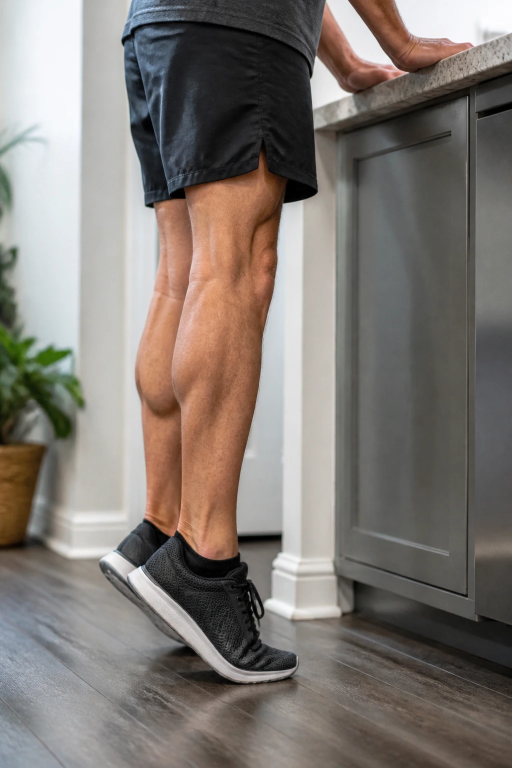 Side view of a person performing standing calf raises at a counter