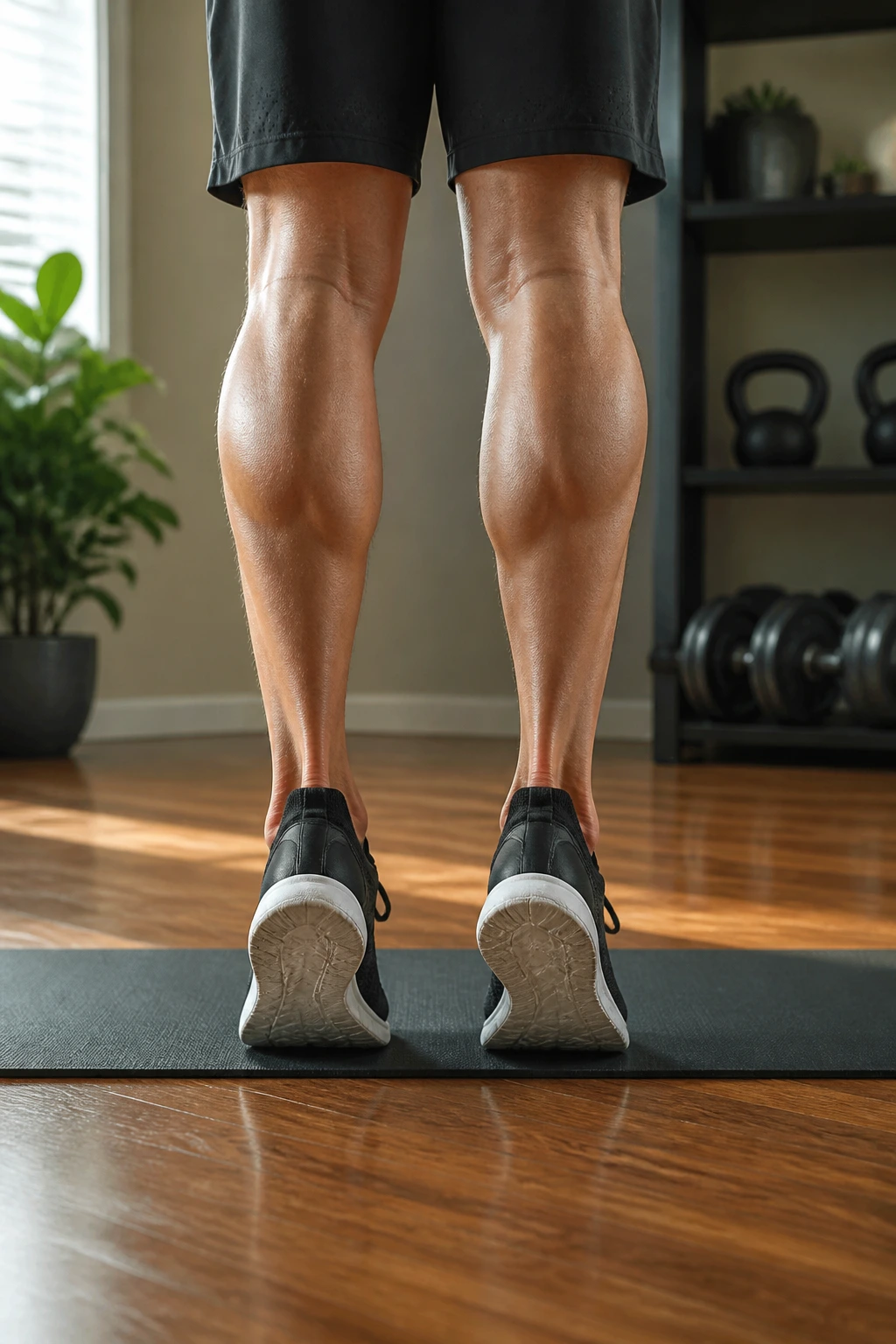 Calf raise position showing prominent calves during toe raise.