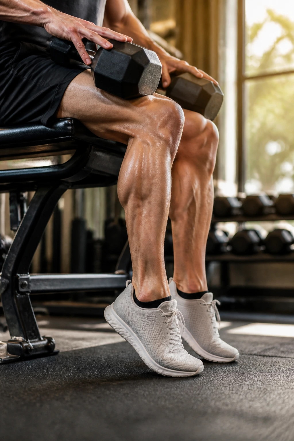 Close-up of a person performing seated calf raises with dumbbells on the knees in a gym