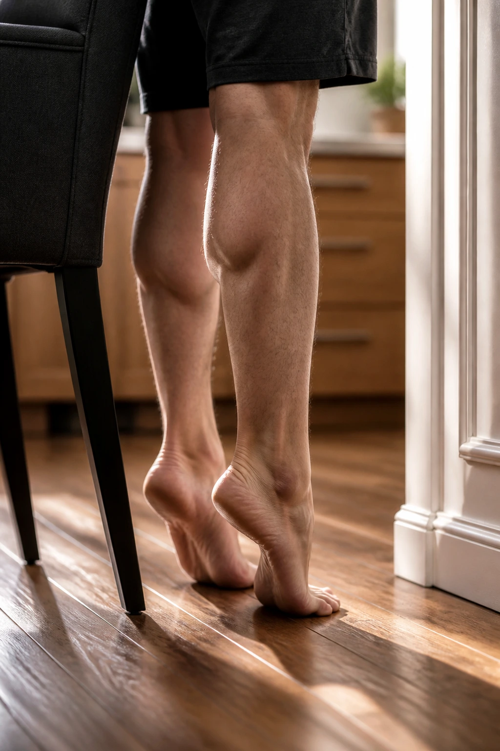 Person performing calf raises focusing on calves in a home setting