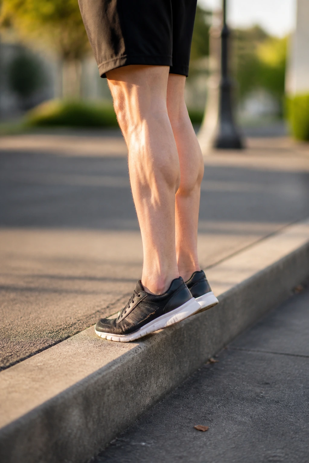 Mid-shot of a person performing calf raises on a curb with heels dropping below the step