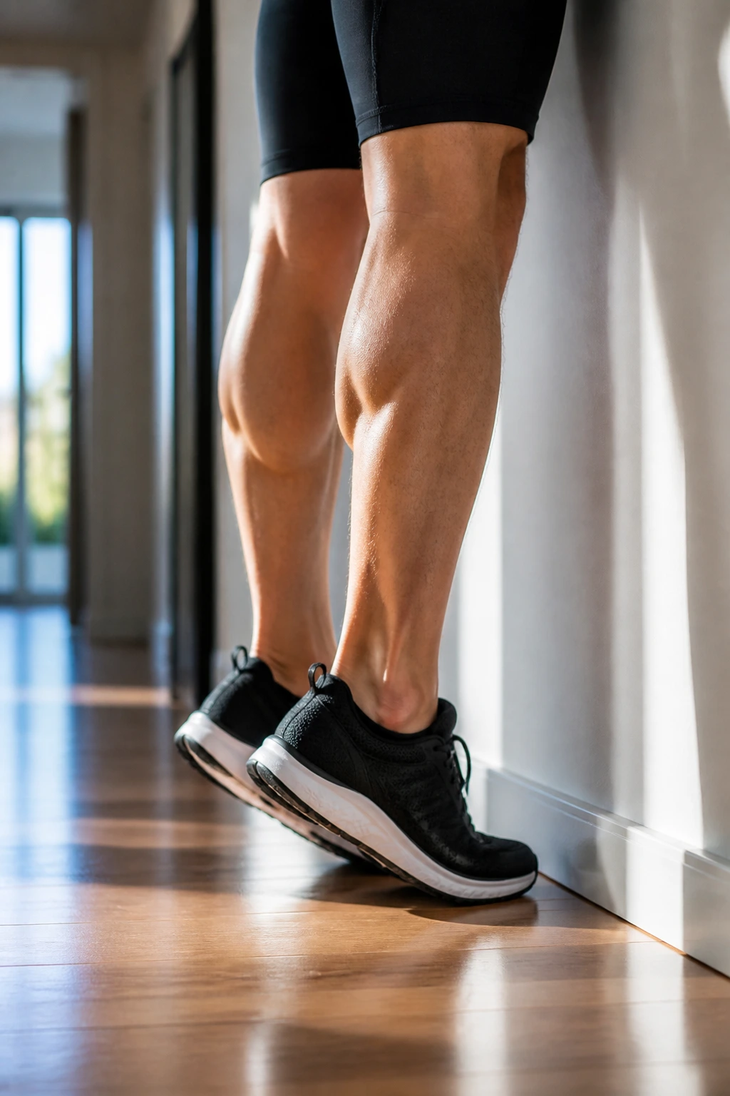 Close-up of a person performing calf raises near a wall