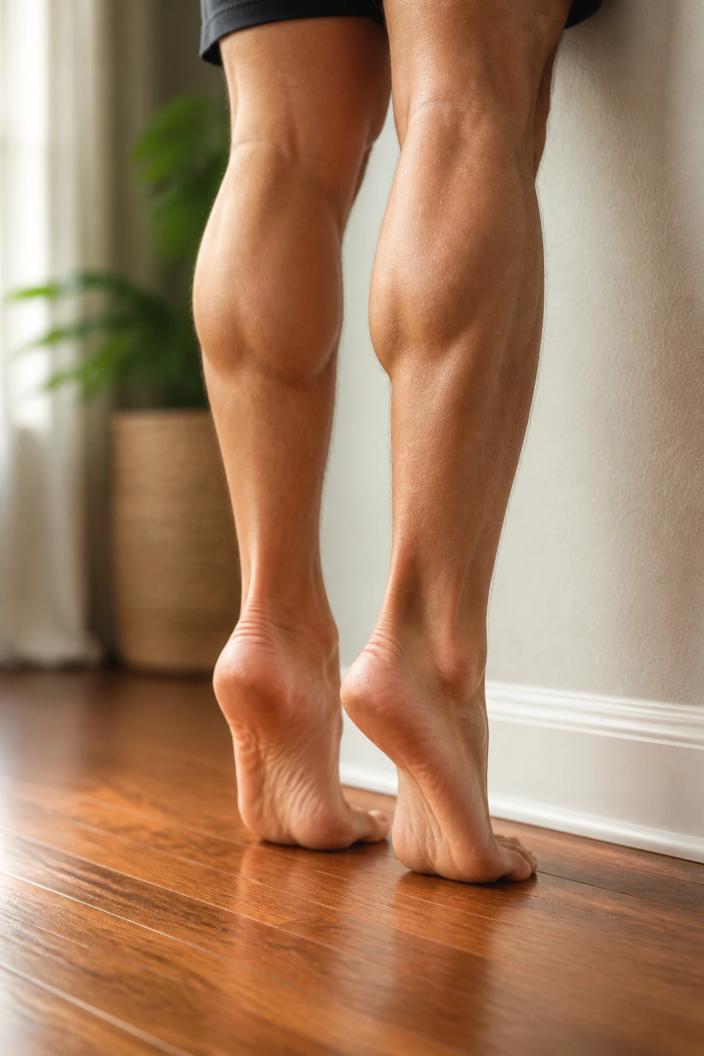 Close-up of a person performing calf raises to strengthen the calves in a home setting