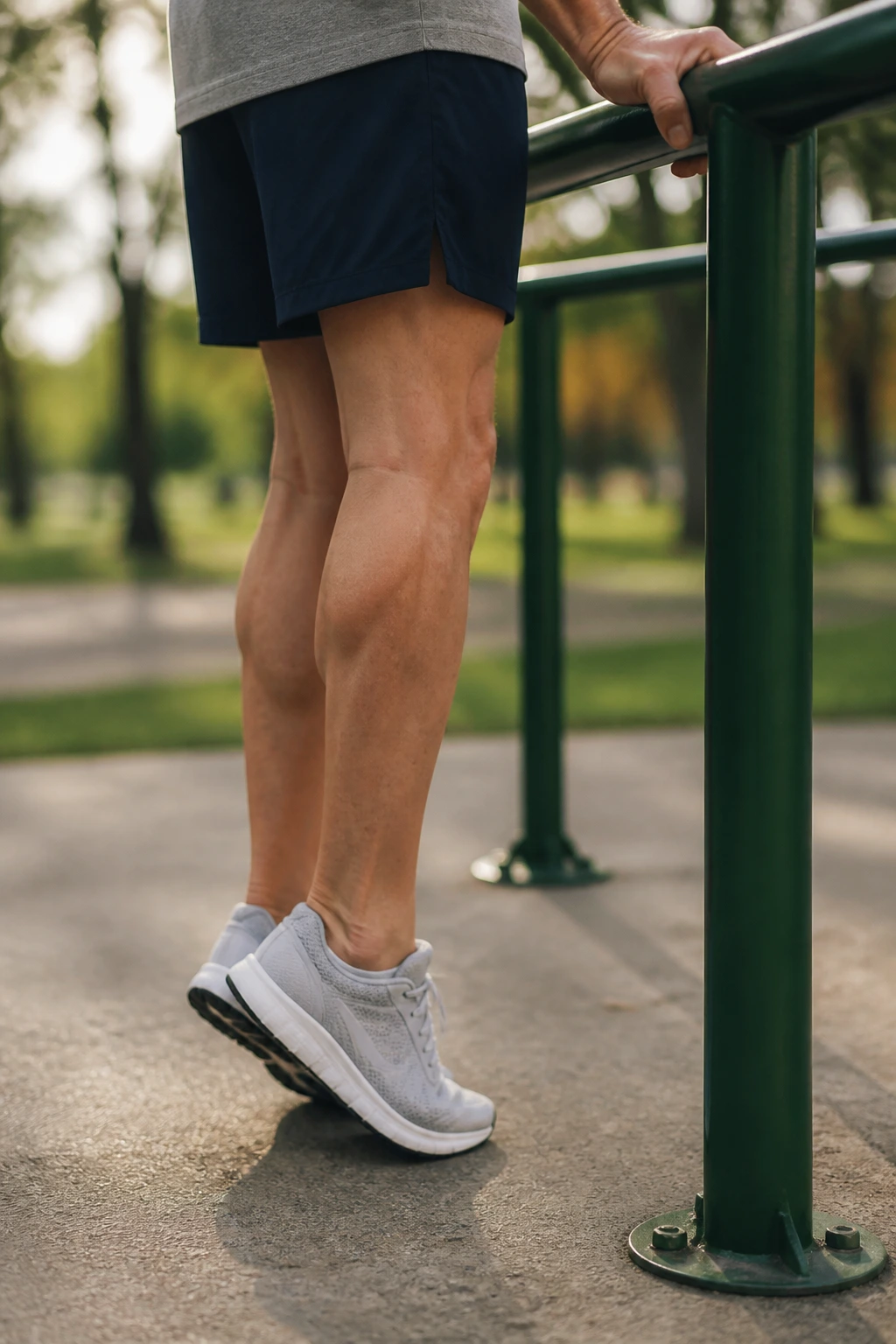Senior calf raises at park rail
