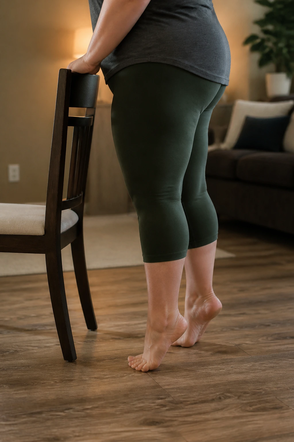Calf raises and toe lifts in a home living room