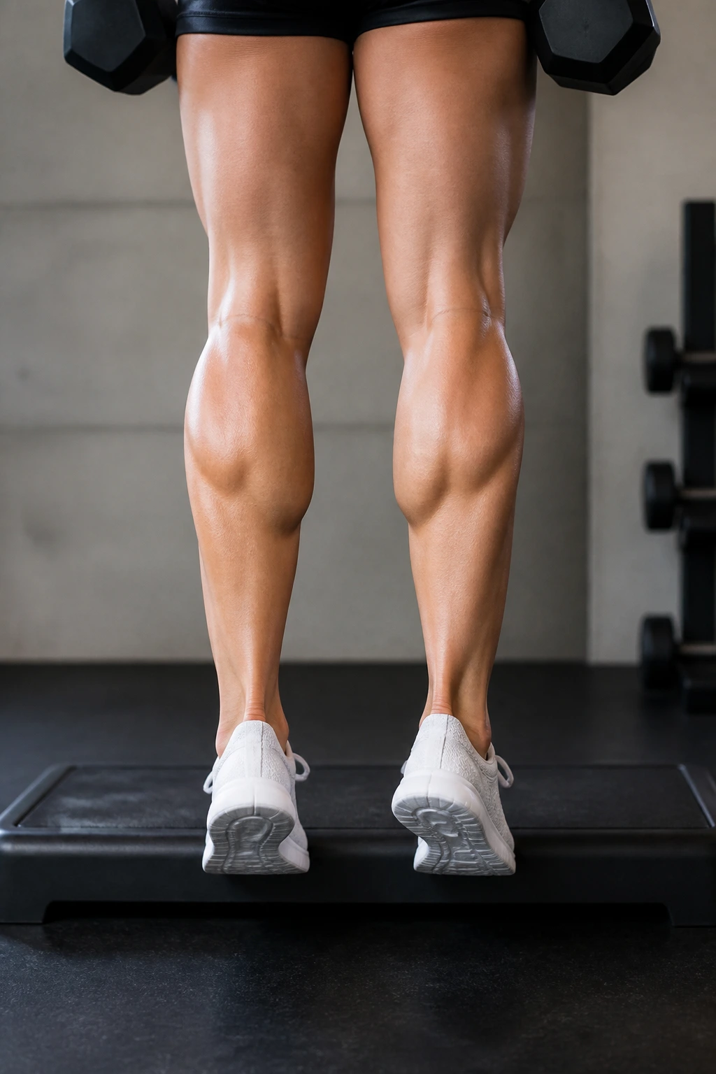 Close-up of a person performing a weighted calf raise on a step