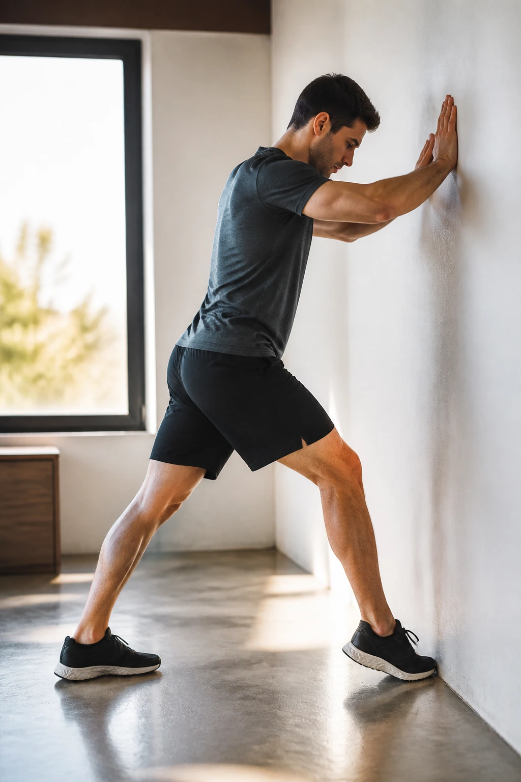 Person performing calf stretch against wall focusing on the right calf