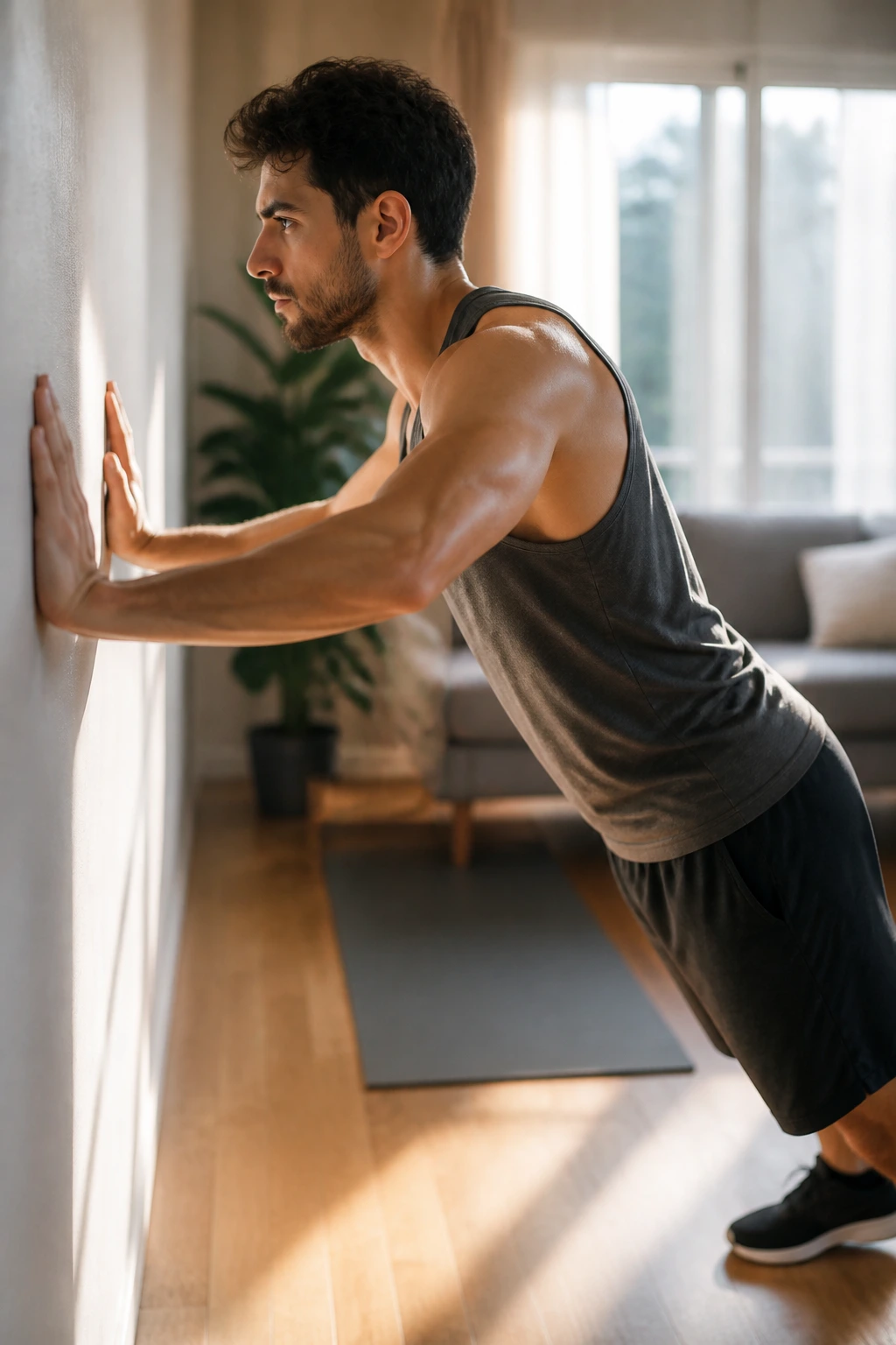 Close-up of a fit person doing a wall push-up in a sunlit living room