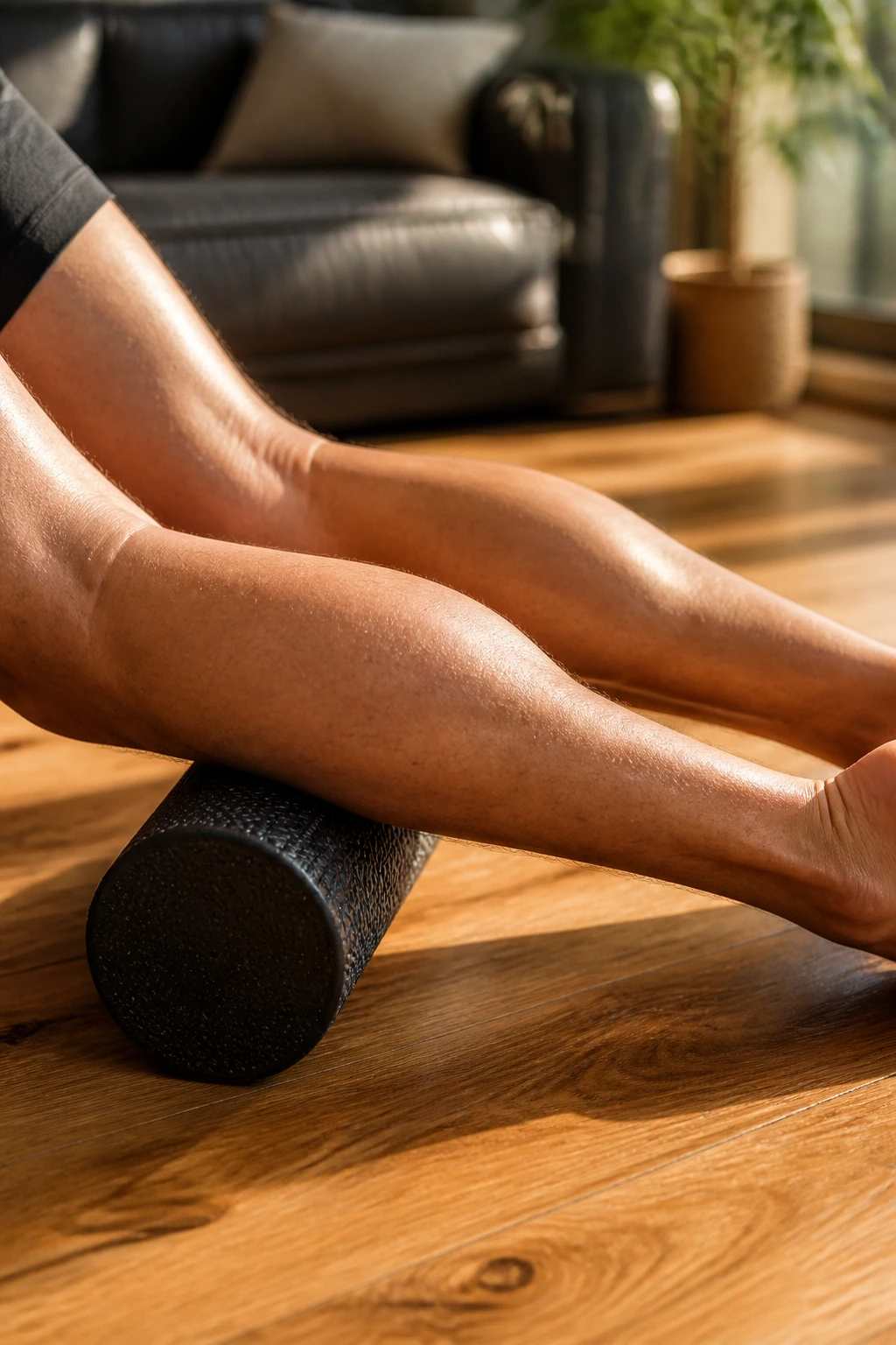 Close-up view of calves on a foam roller in a home setting