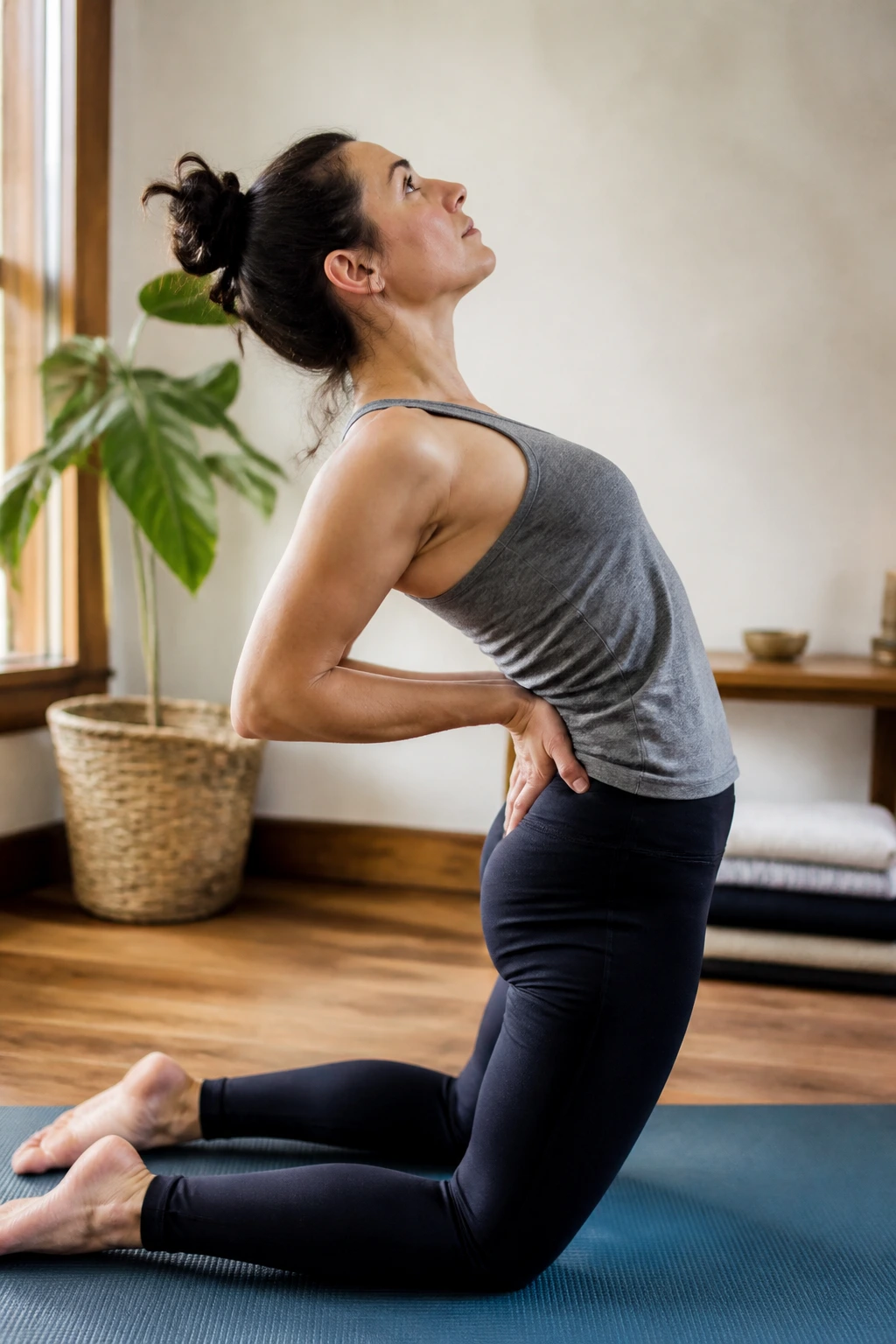 Real person kneeling in Camel Prep on a mat in a cozy home yoga space