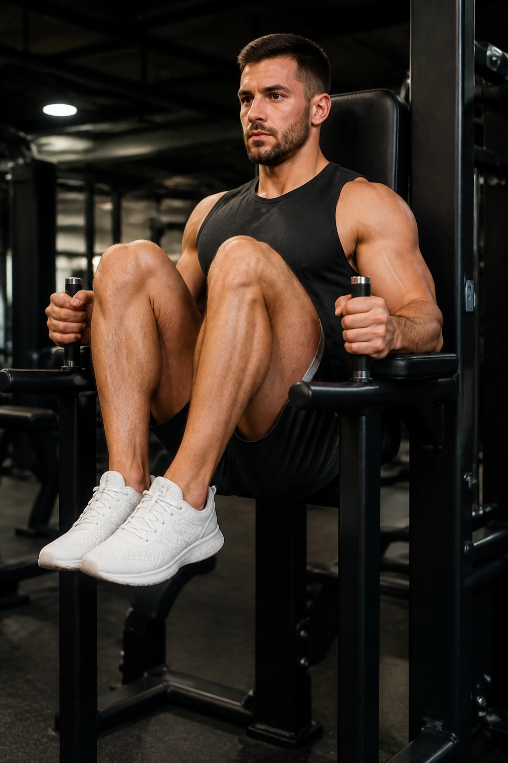 Person on captain's chair performing knee raises with controlled motion.