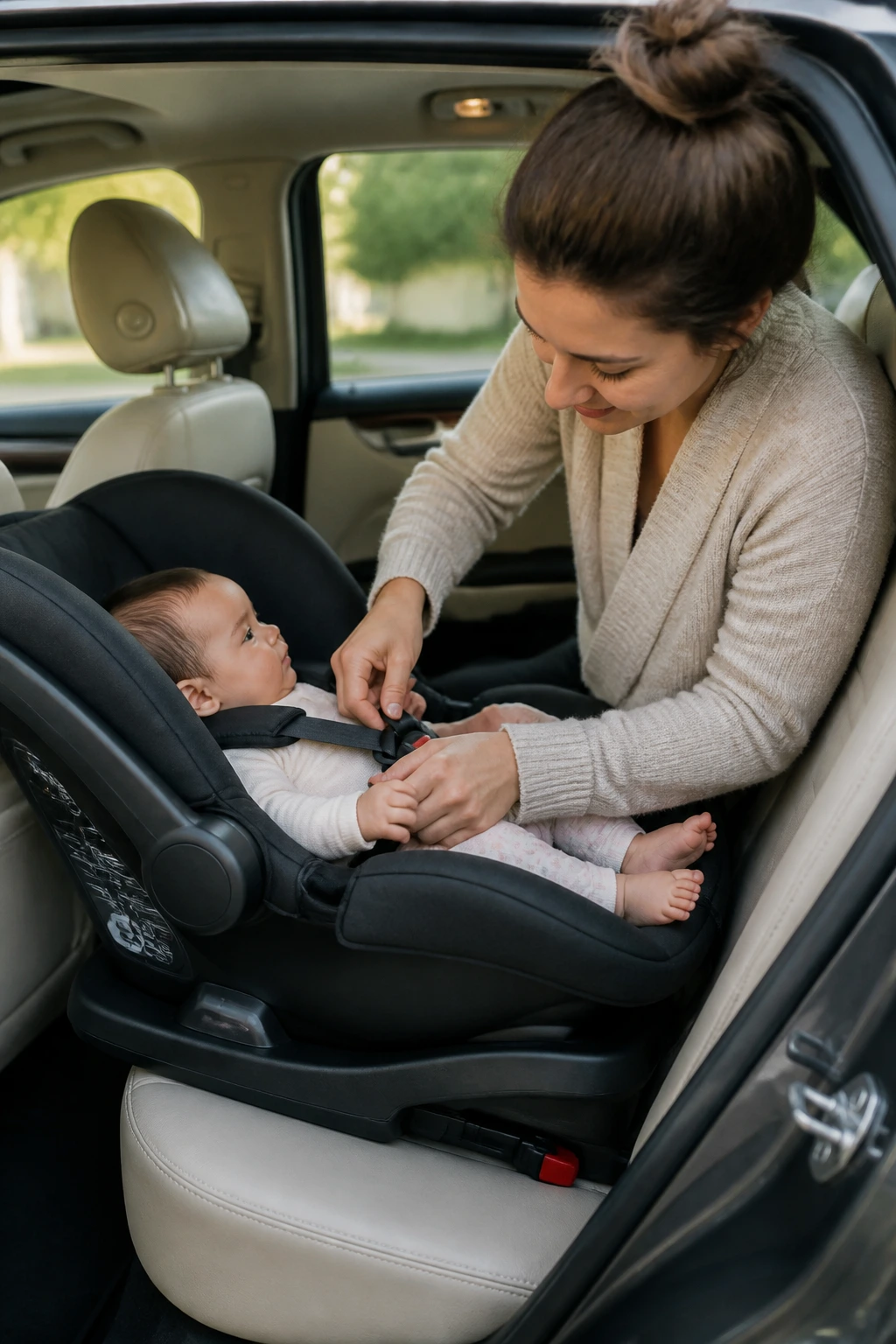 Parent installing rear-facing car seat in car for first ride home