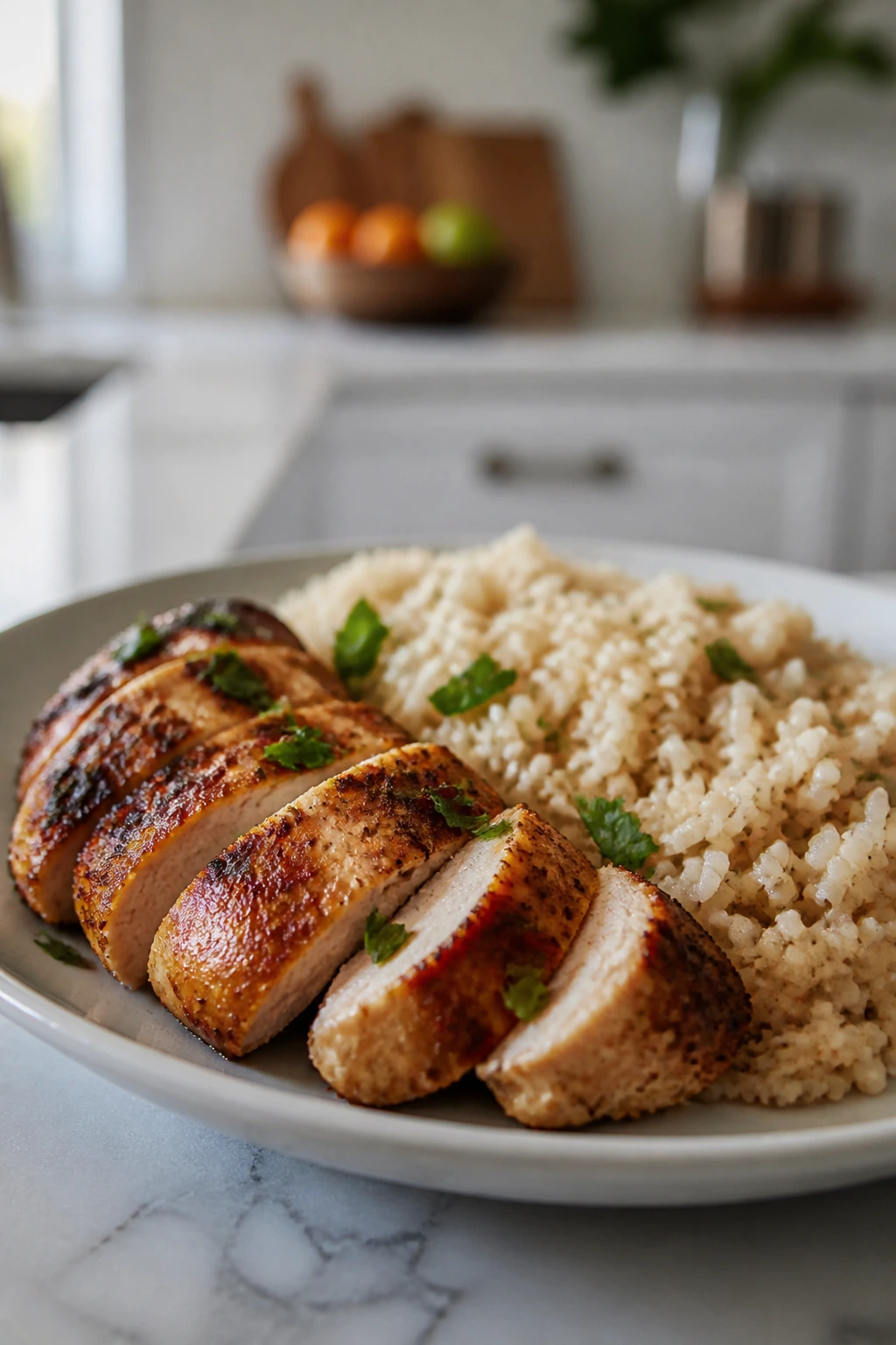 Close-up plate of chicken and rice illustrating carb cycling for leg day