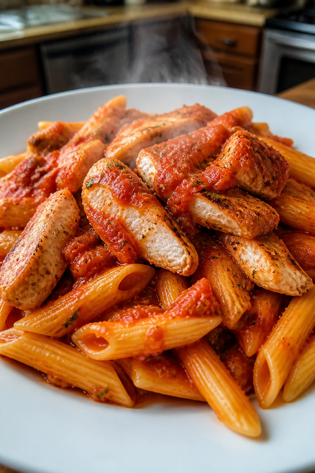Plate of chicken pasta with marinara as a carb-forward leg day meal