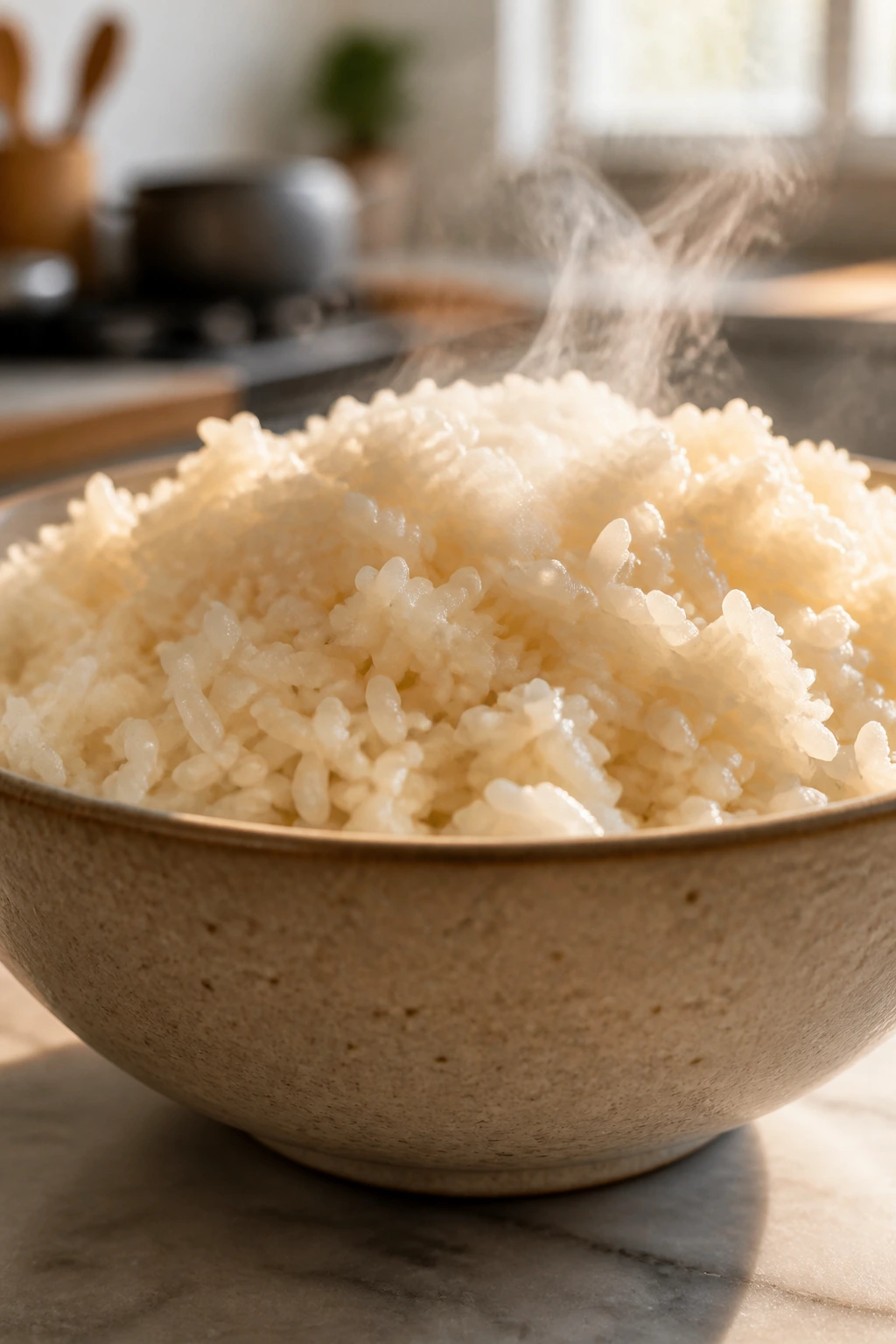 Steaming bowl of rice on kitchen counter to illustrate carb timing
