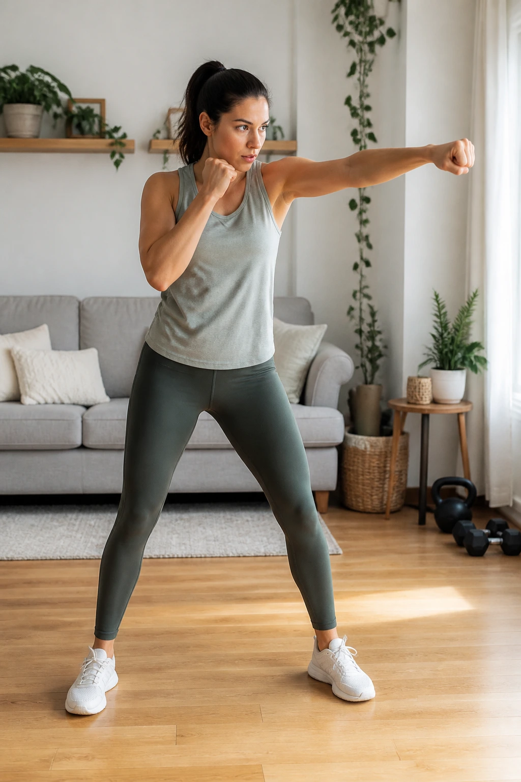 Person shadow-boxing for a low-impact cardio workout at home.