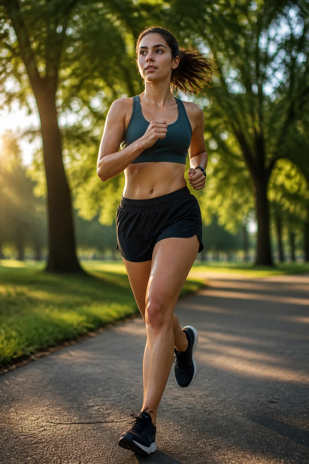 Person walking briskly in a park during golden hour