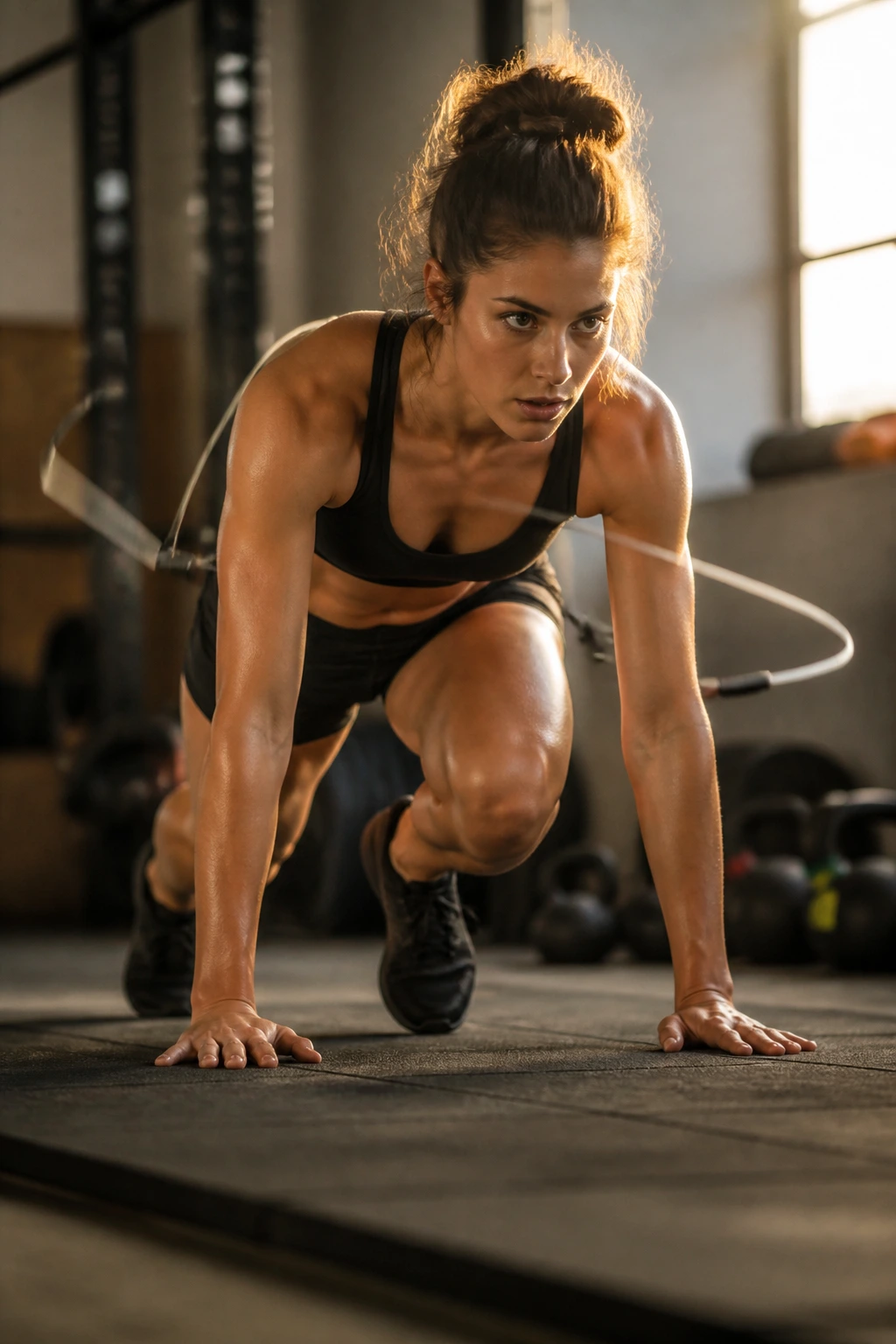 Medium close-up of athlete performing climber move with jump rope in motion in gym