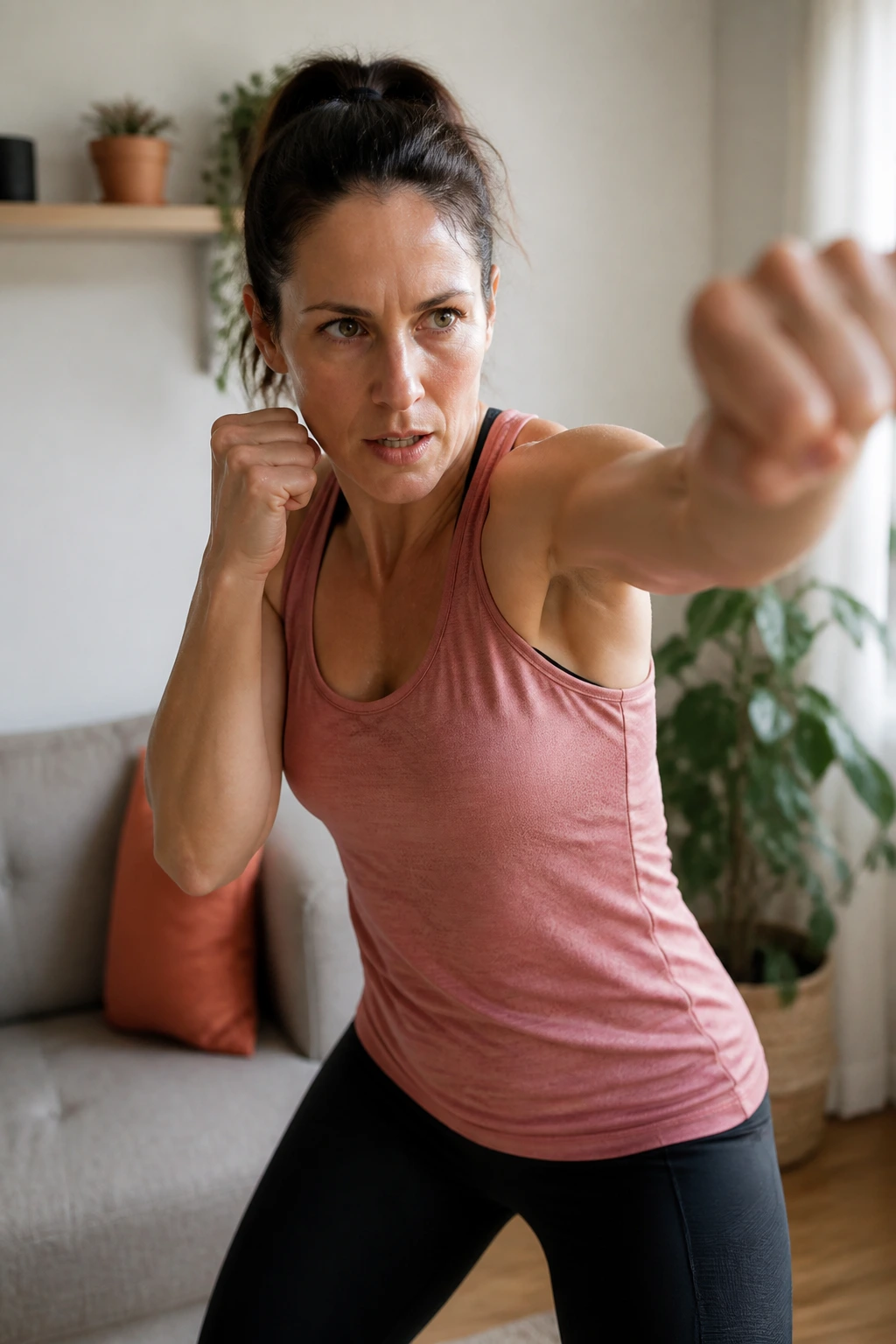 Person performing a low-impact cardio interval in a small apartment