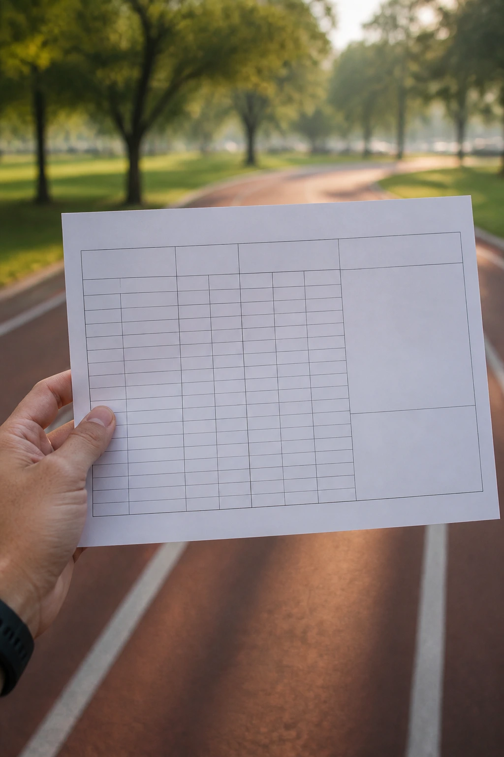 Close-up of a blank cardio log page with distance and pace fields, held outdoors