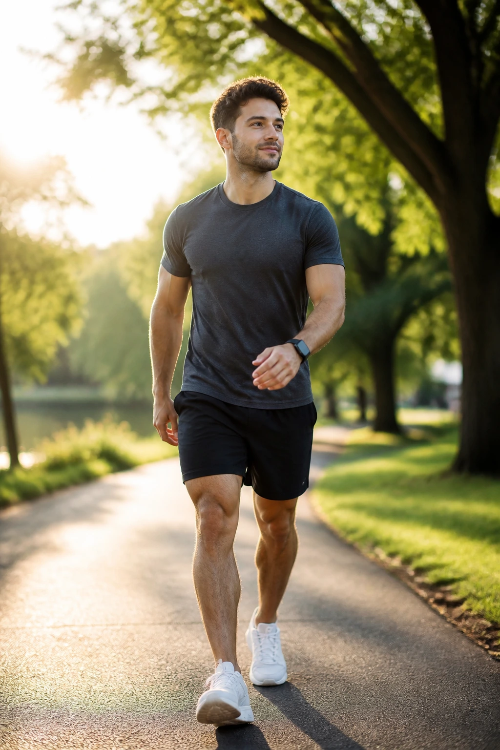 Person walking in a park to depict cardio, mid-shot in morning light