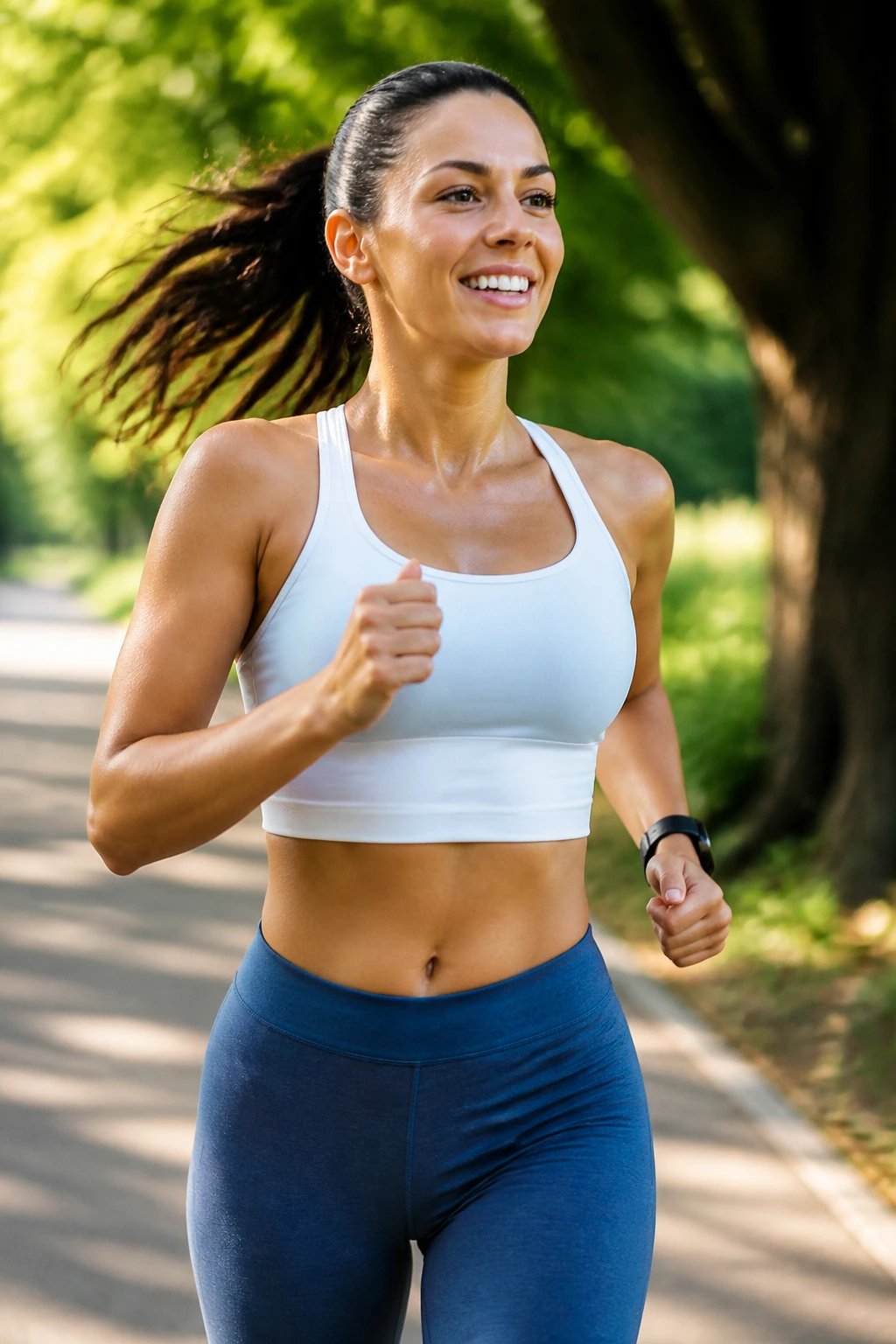Runner in park demonstrating cardio-first plan with focused pose