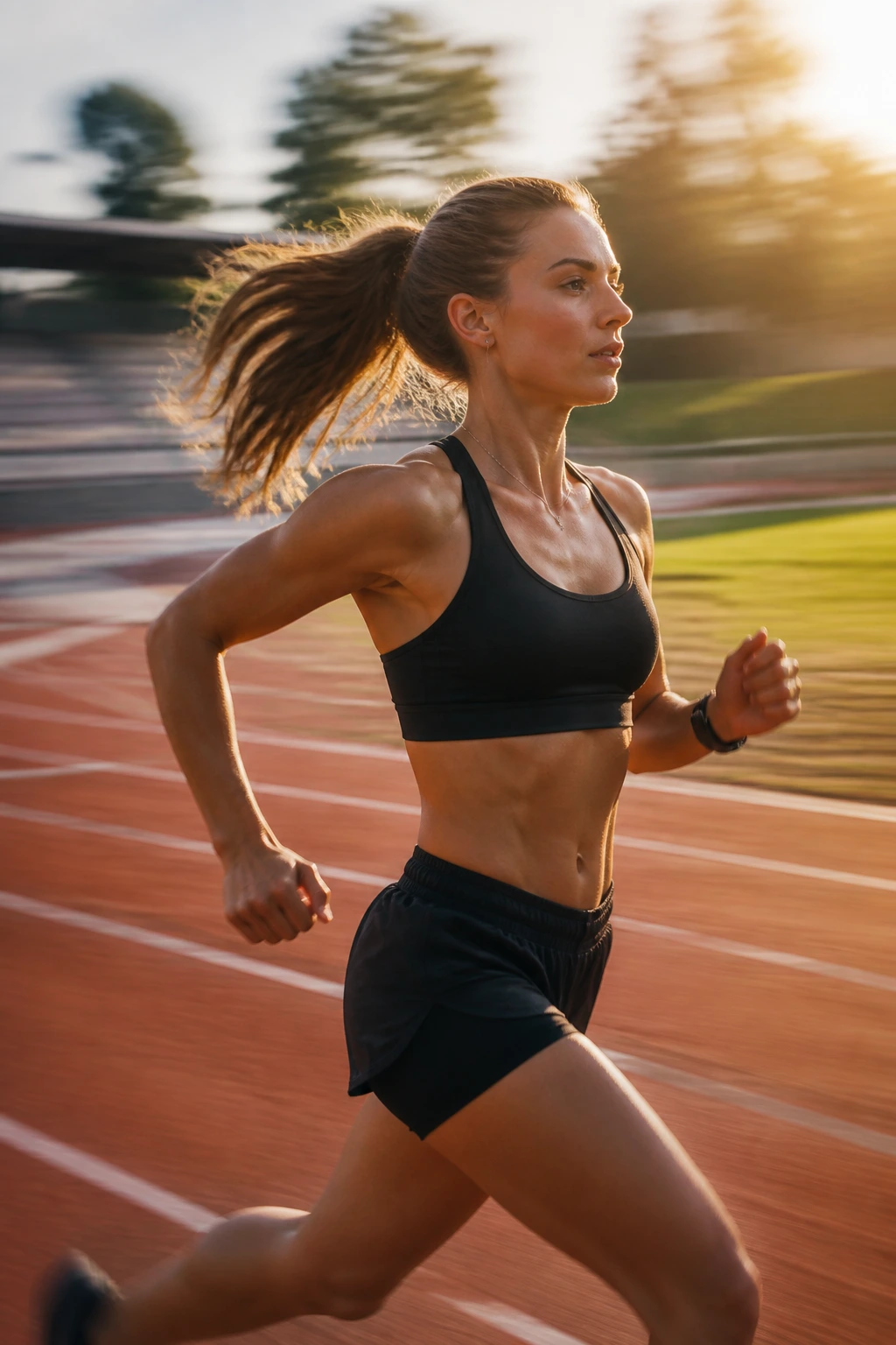 Woman running briskly on outdoor track